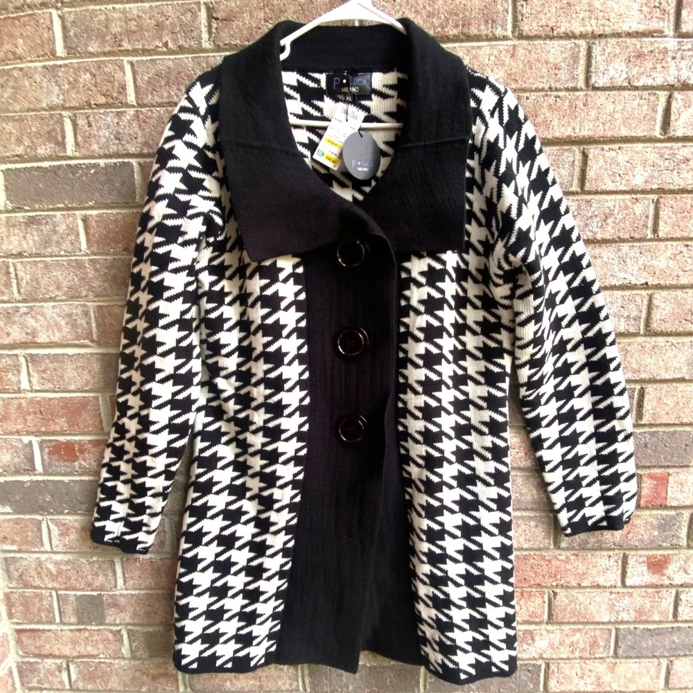 P. Luca Milano Houndstooth Cardigan Coat Black White‎ XL Long Sweater Jacket NWT